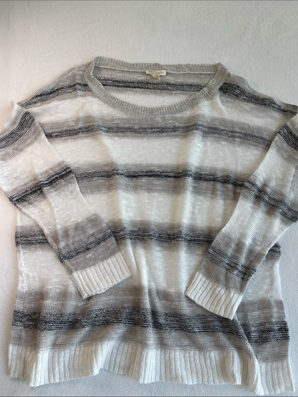 Eileen Fisher Ivory Gray Striped Open Knit Crewneck Sweater Size XL